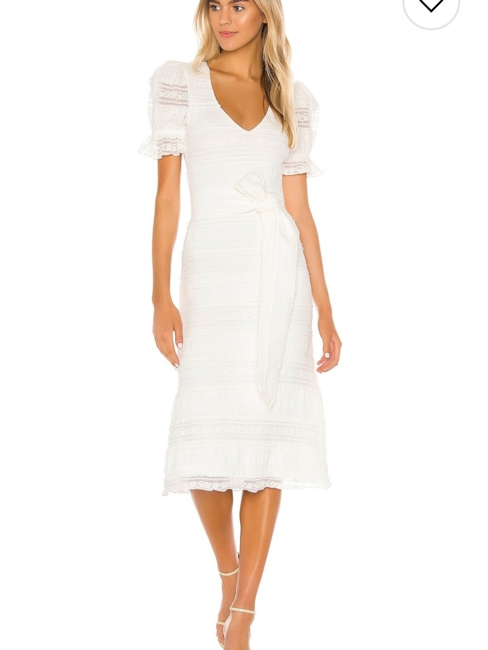 Tularosa White Lace Puff Sleeve Belted Midi Dress